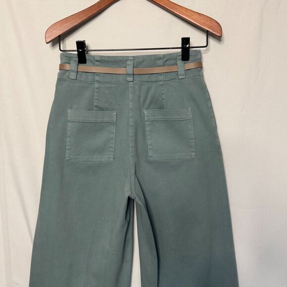 Peserico Sage Green Pleated Wide Leg Gaberdine Tan Silver Hardware Belted Pants - Picture 9 of 16